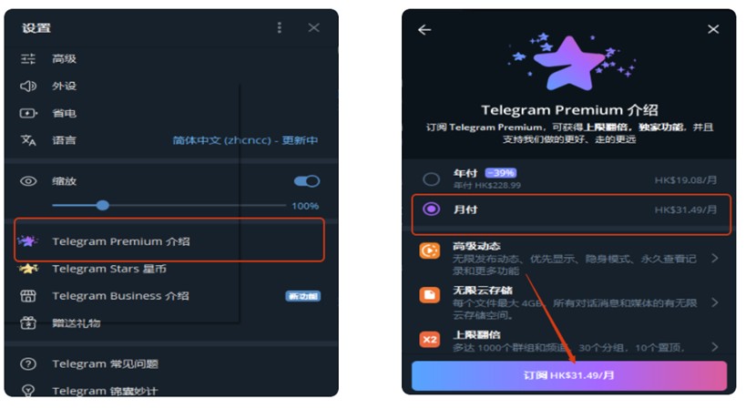 纸飞机premium单月会员开通的具体流程步骤